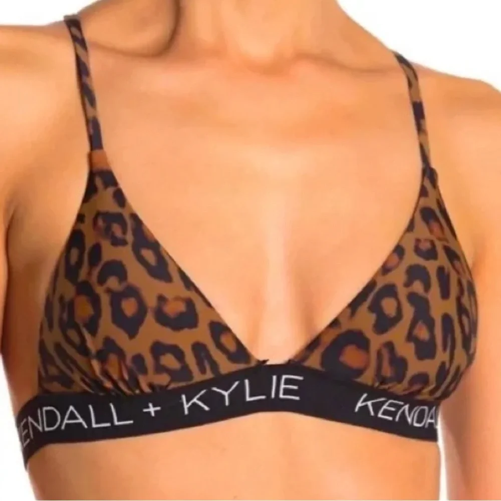 Kendall + Kylie Leopard Triangle Bikini Top Cross Back Strappy Logo Band Size M‎